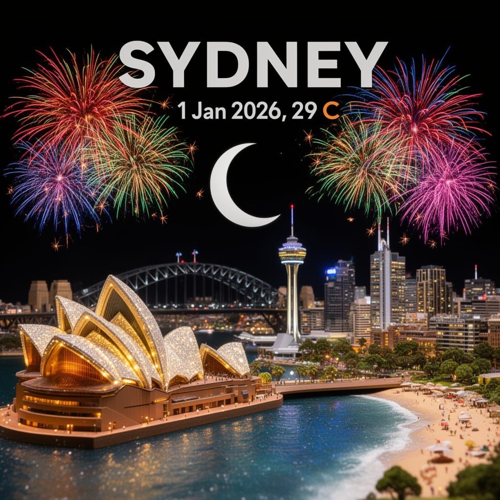 Sydney Miniature Model with Fireworks and Glowing Landmarks