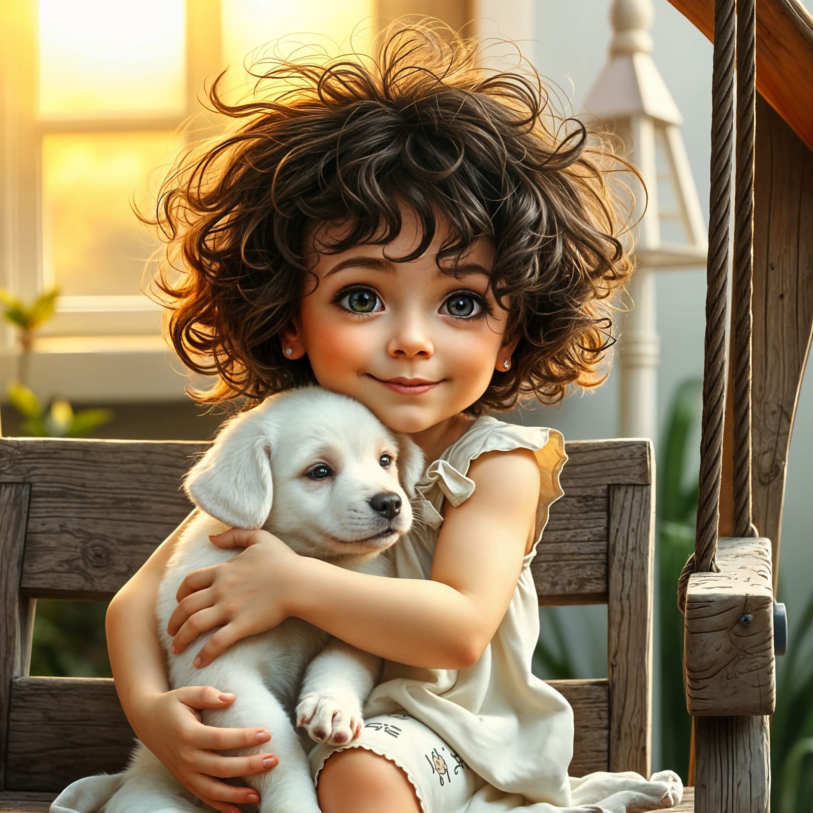 Whimsical Girl and Happy Puppy Swing Together