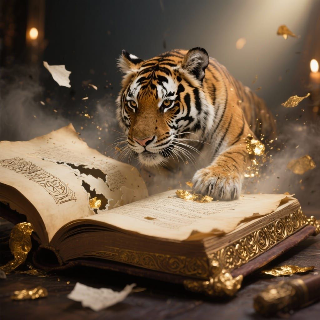 Bengal Tiger Emerges from Illuminated Manuscript