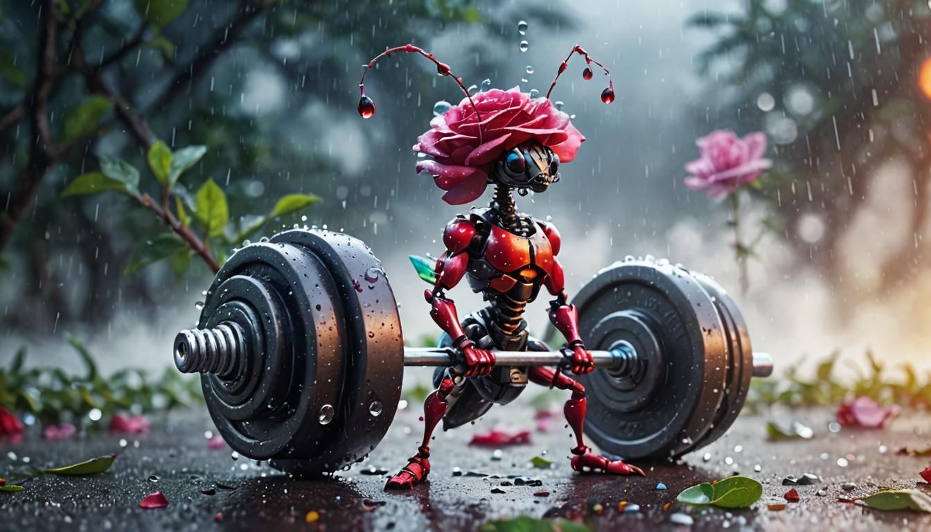 Cyborg Ant Weightlifter in Macro Filigree Style