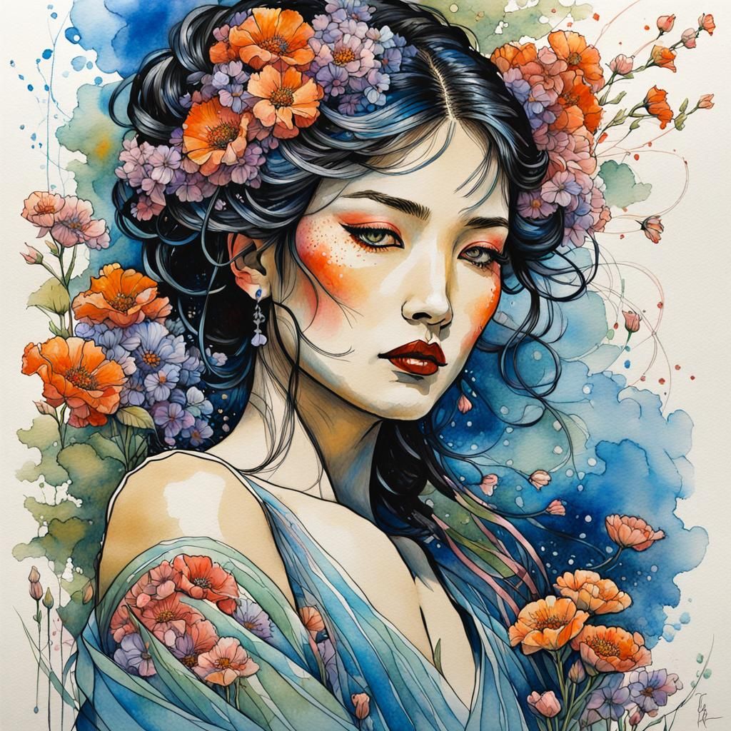 Fauvist Portrait of Japanese Woman with Flowers