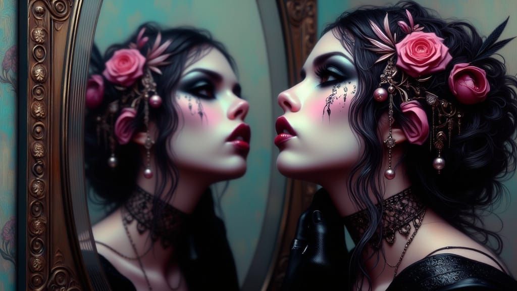 Woman Reflects Inner Thoughts in Broken Mirror