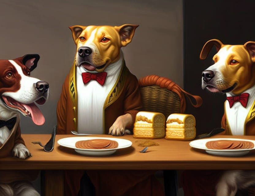 Dogs eating breakfast