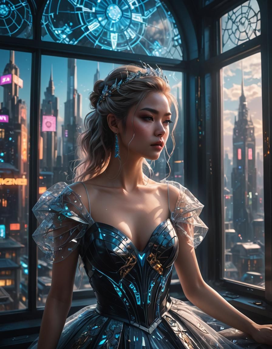 Cyberpunk Woman in Tulle Dress with Porcelain Skin