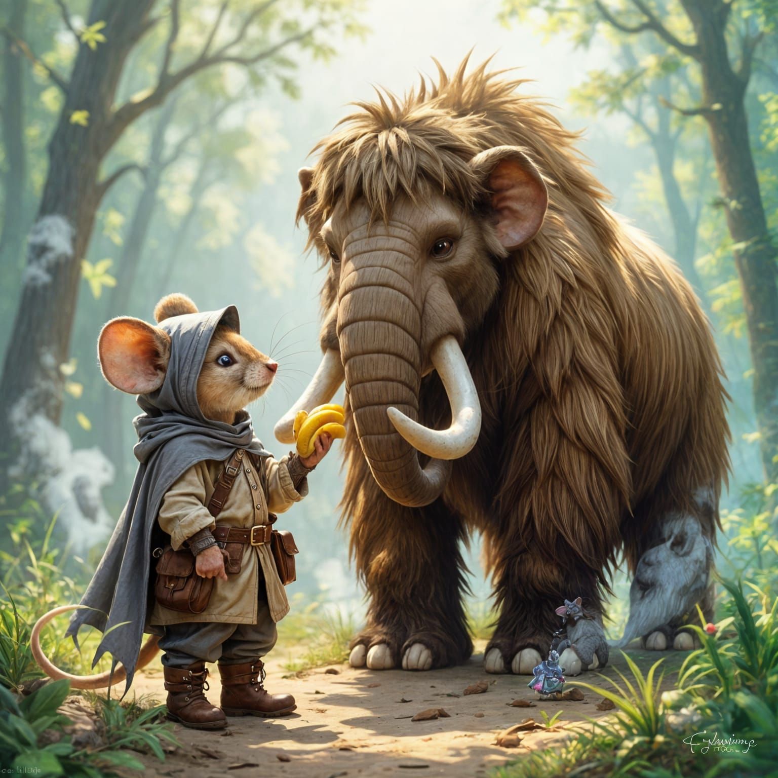 Anthropomorphic Mouse Offers Banana to Mammoth in Fantasy St...