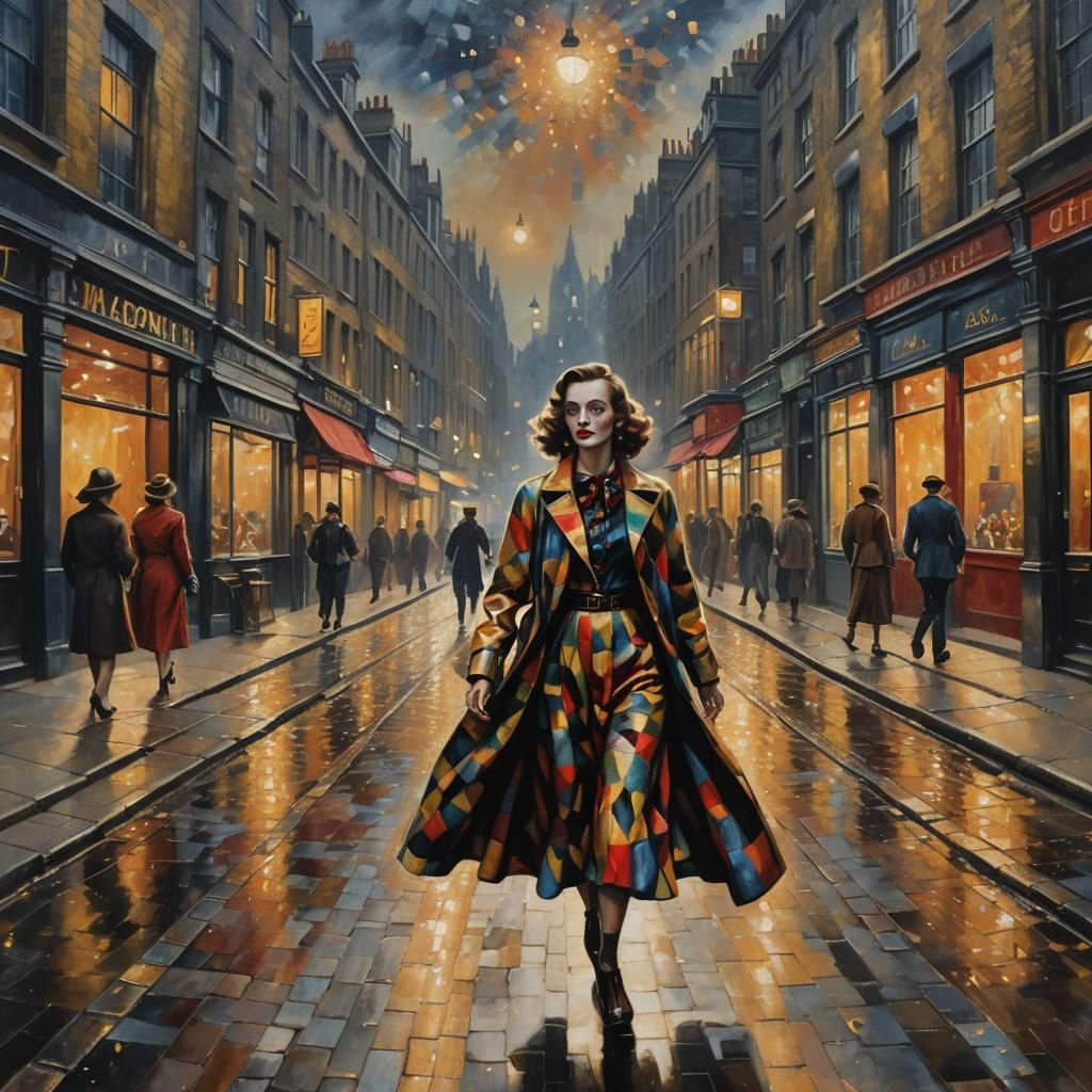 Harlequin Woman in 1940s London, Oil Painting