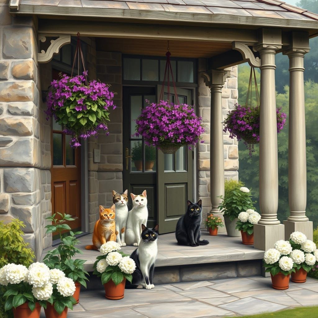 Cats sitting on a covered stone porch filled with potted flo...