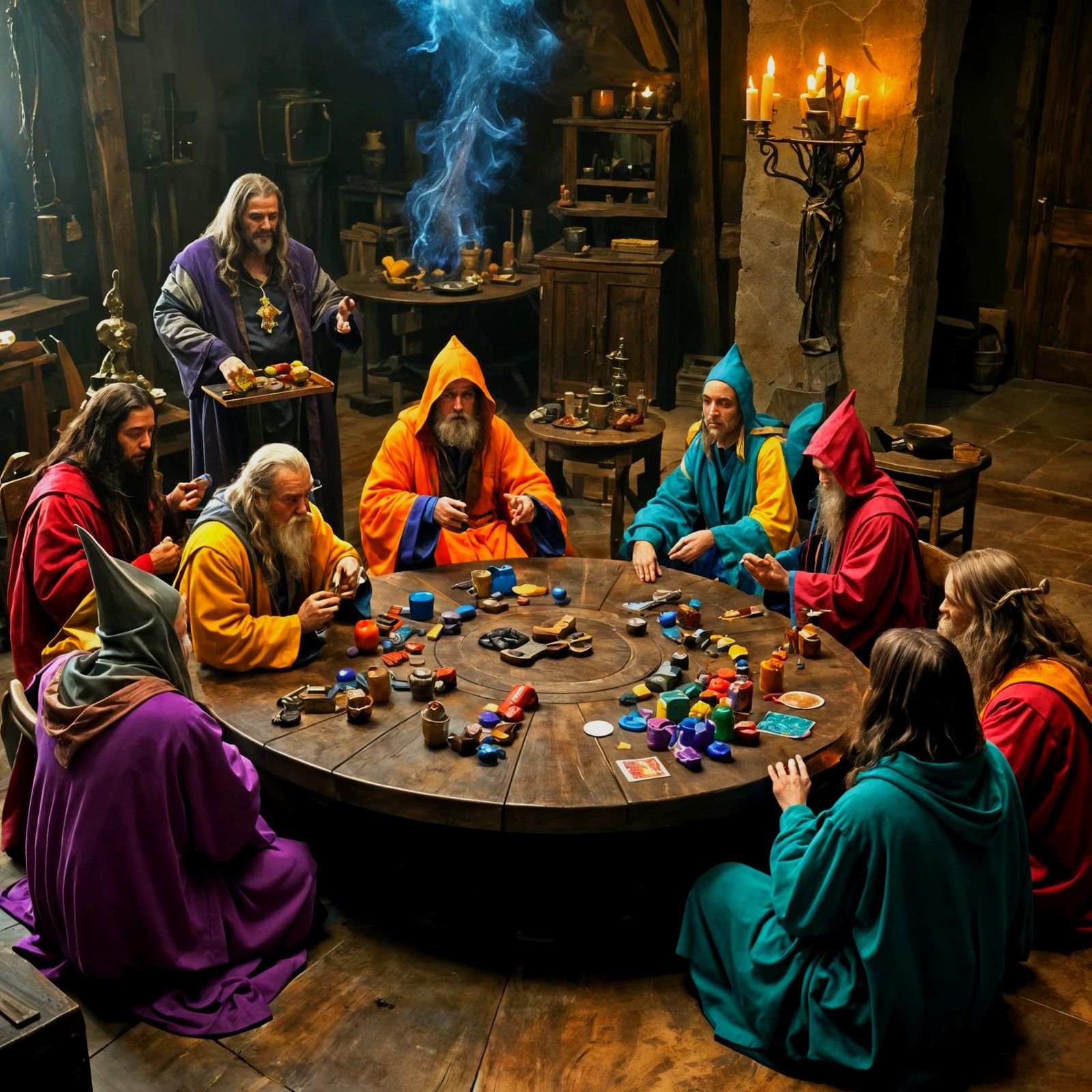 Wizards Pondering Mysterious Object at Table