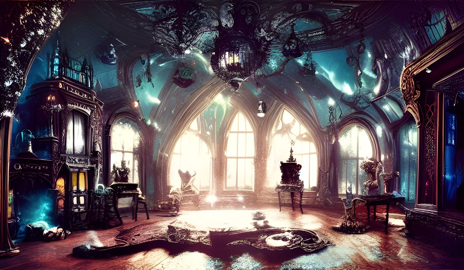 Mysterious Haunted House Interior with Cosmic Ghosts