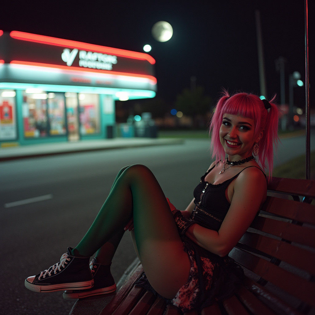 Goth Girl with Green Stockings in Neon Cityscape