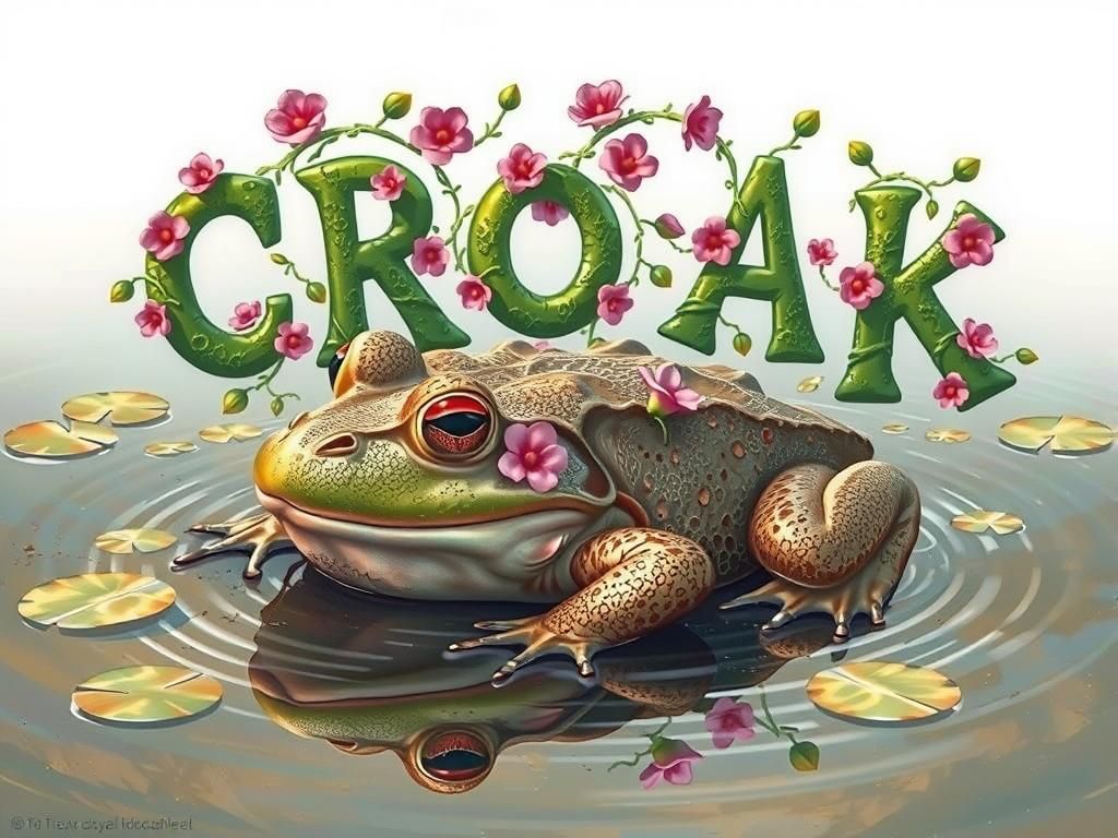 Surreal Bullfrog Vocalization in Pond with Floral Vines