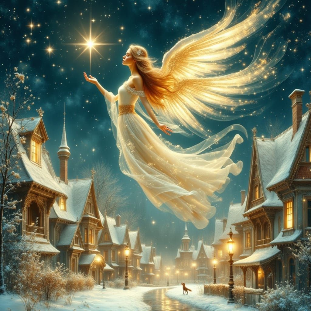 Angel Blessing Winter Village in Storybook Style