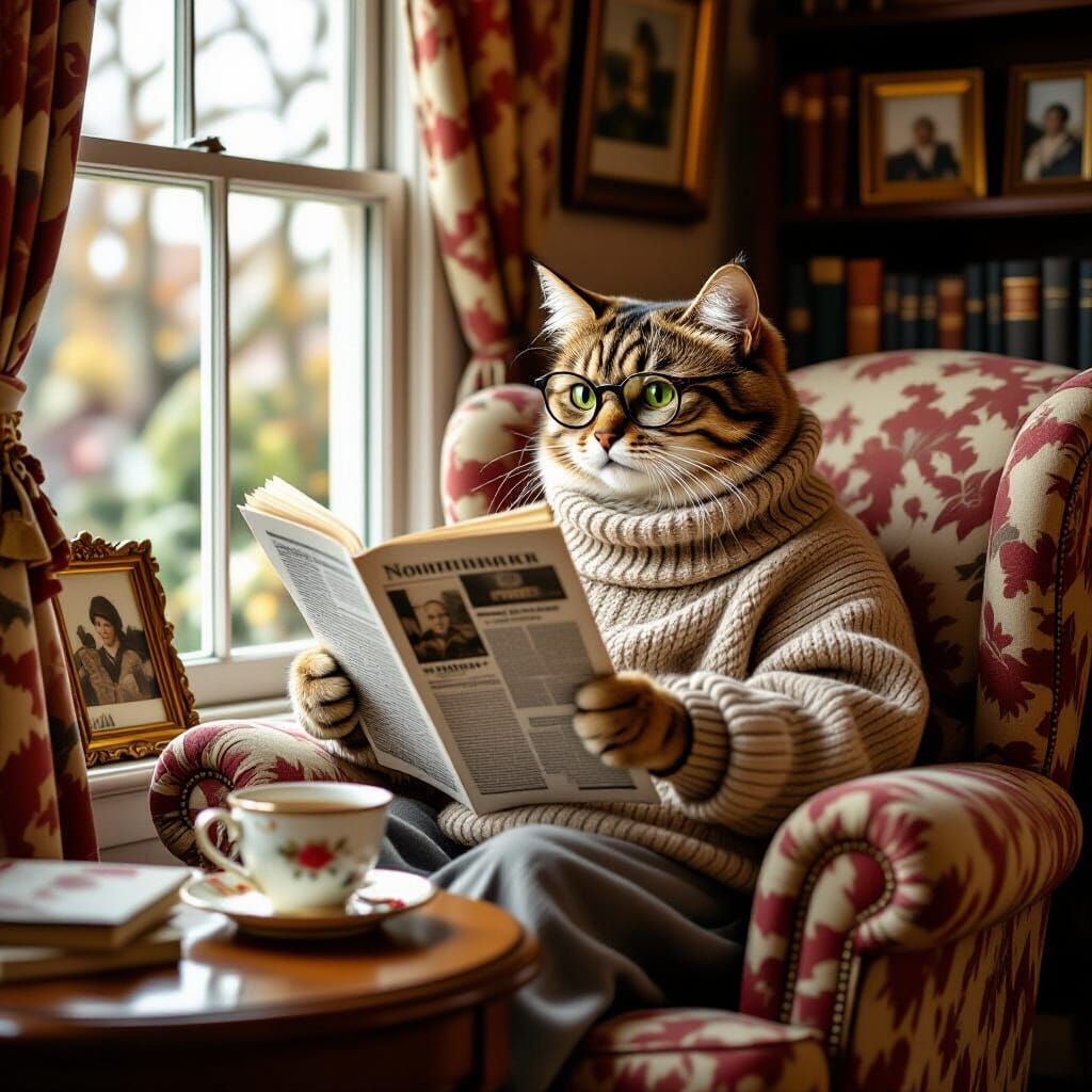 Boomer Cat Reading Newspaper in Rockwell Style
