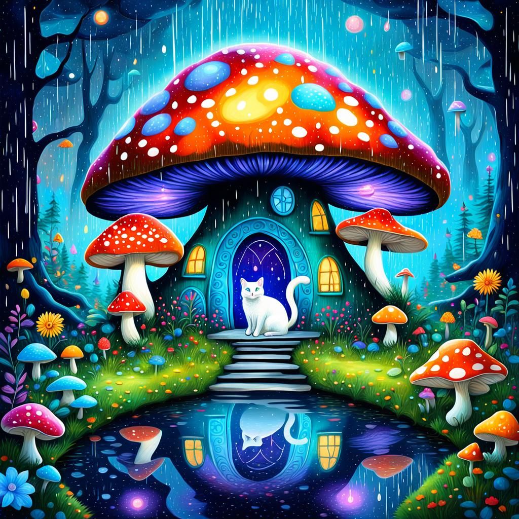 A fairy mushroom house in an enchanted bioluminescent forest and s beautiful white cat.