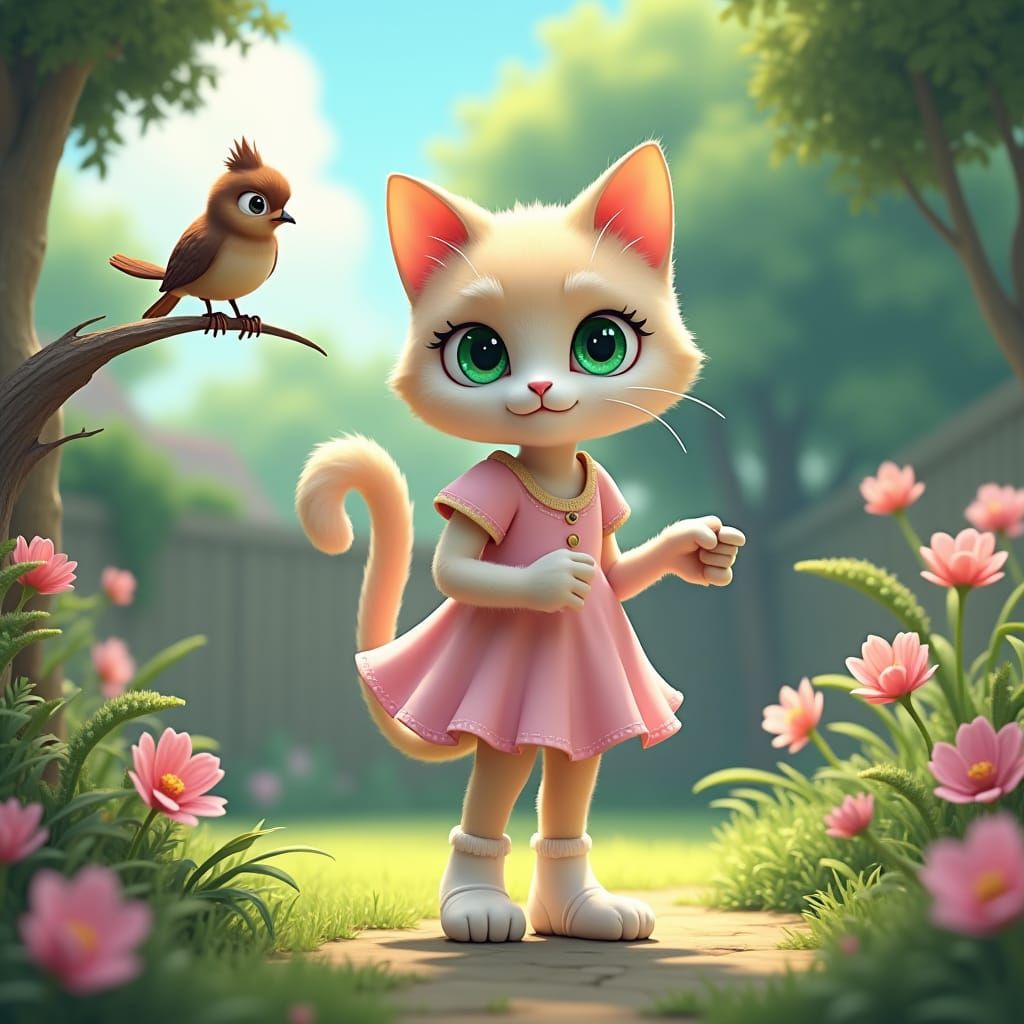 Anthropomorphic Cat Chatting with Sparrow in Anime Style