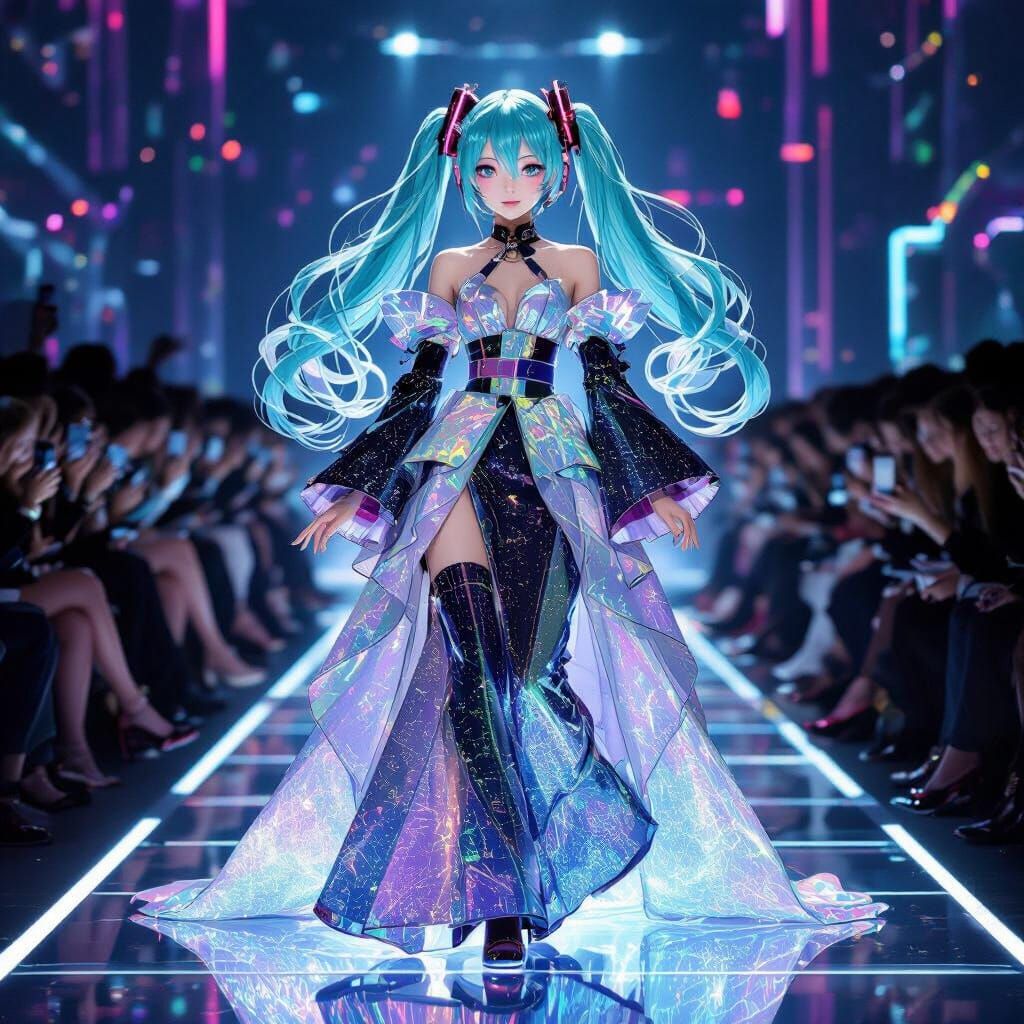 Hatsune Miku Holographic Gown on Futuristic Catwalk