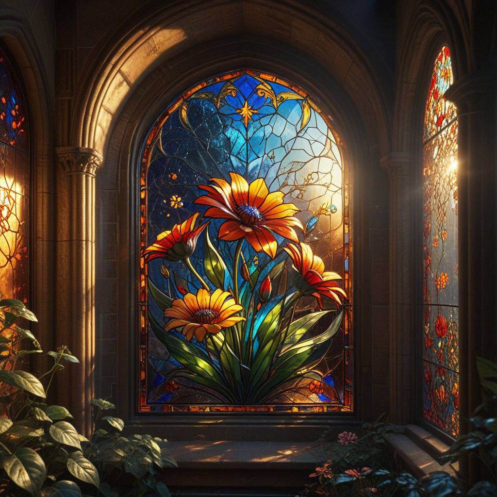 Epic Stained Glass Window Illuminated by Golden Sunlight