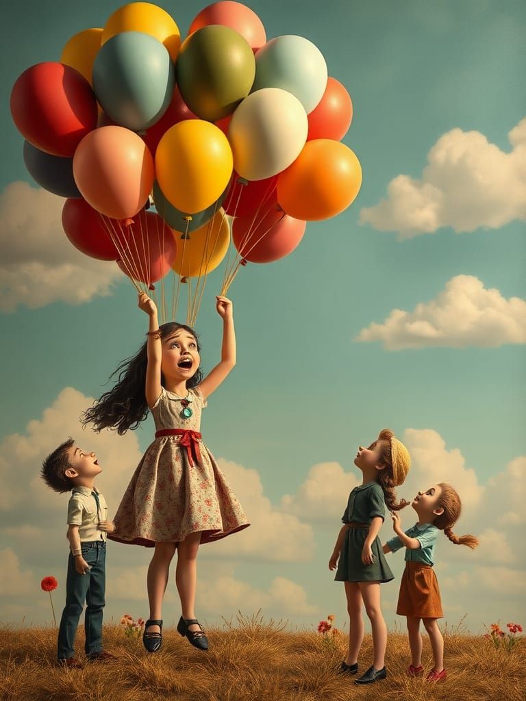 Girl Lifted by Balloons in Folk Art Style