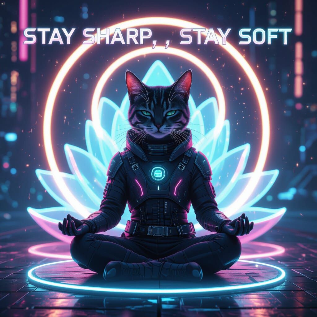 Cyberpunk Cat Meditates on Glowing Lotus in Futuristic Style