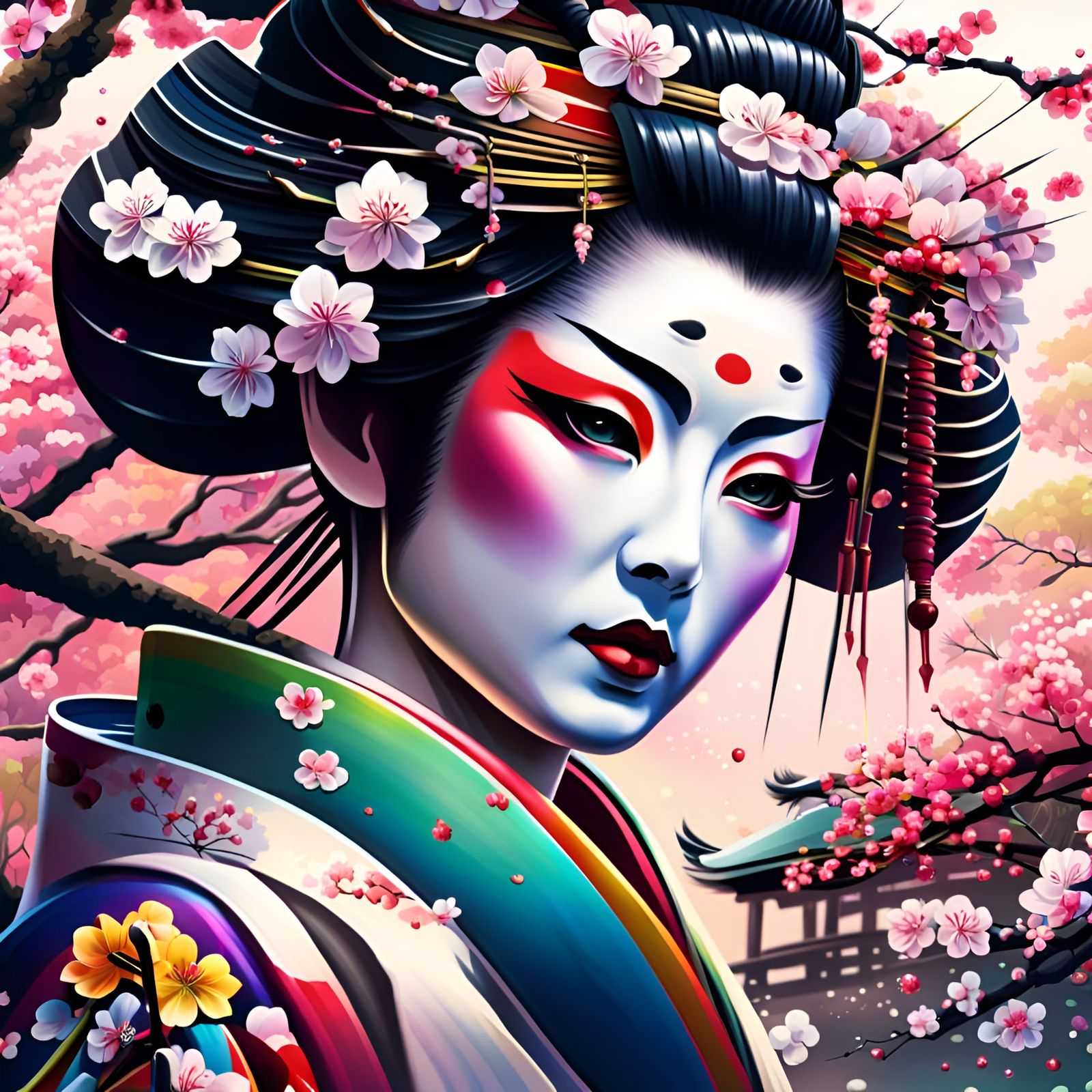 A Geisha in a Japanese Garden Full of Cherry Blossoms v5