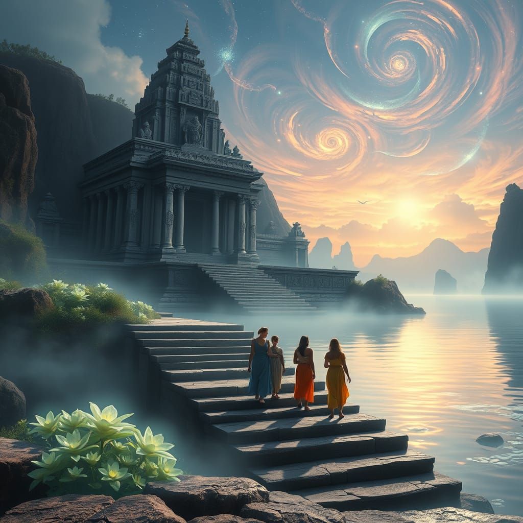 Ethereal Temple Scene with Figures in Digital Painting