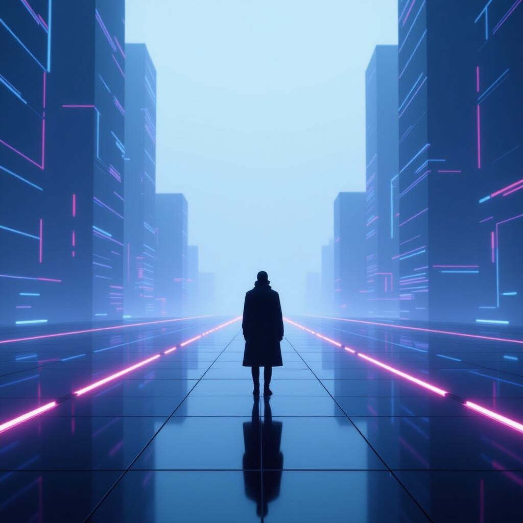 Solitary Figure in Minimalist Neon Digital Landscape