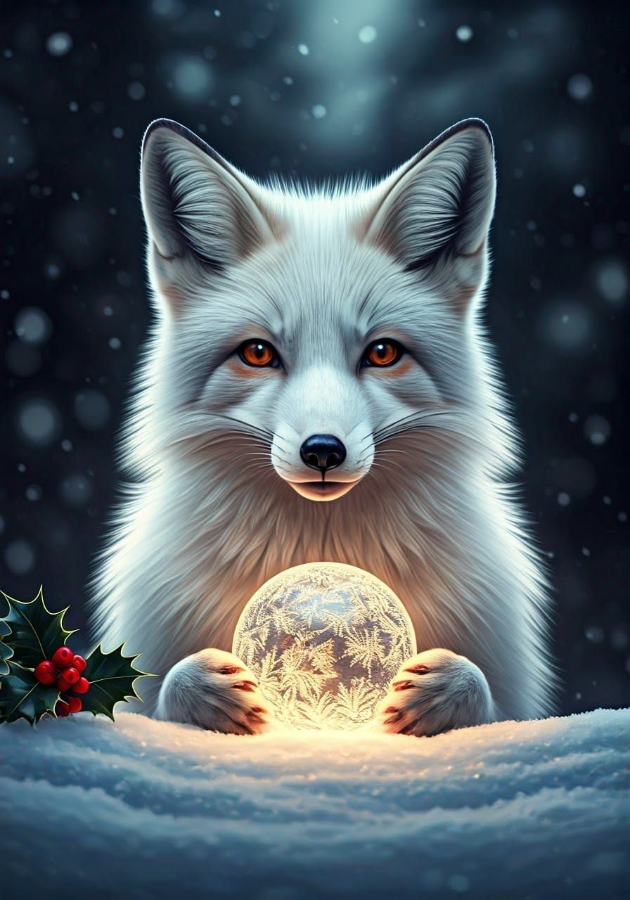 Winter Wonderland Fox Holds Glowing Ice Orb Amidst Holly