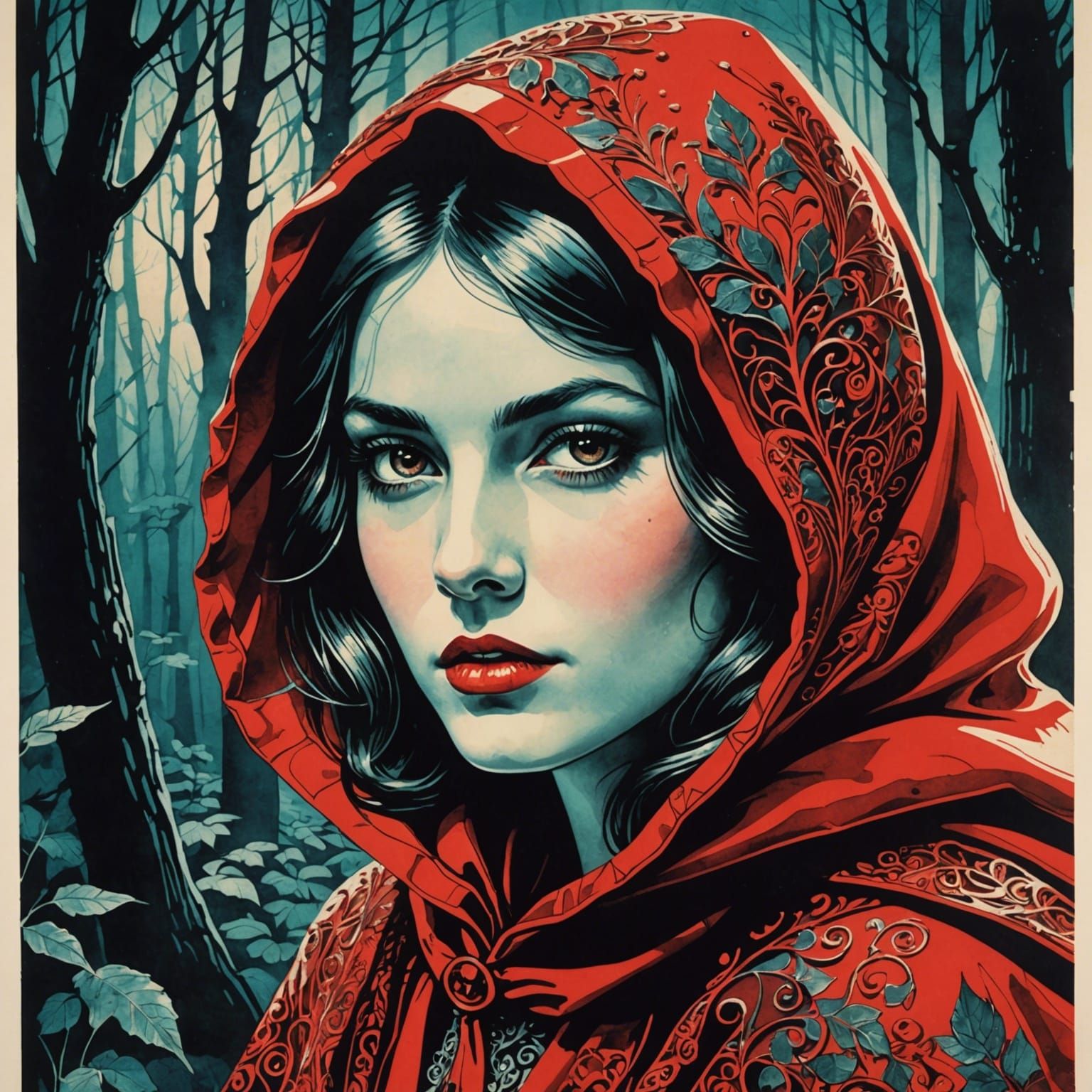 Red Riding Hood Portrait in Vintage Lithograph Style