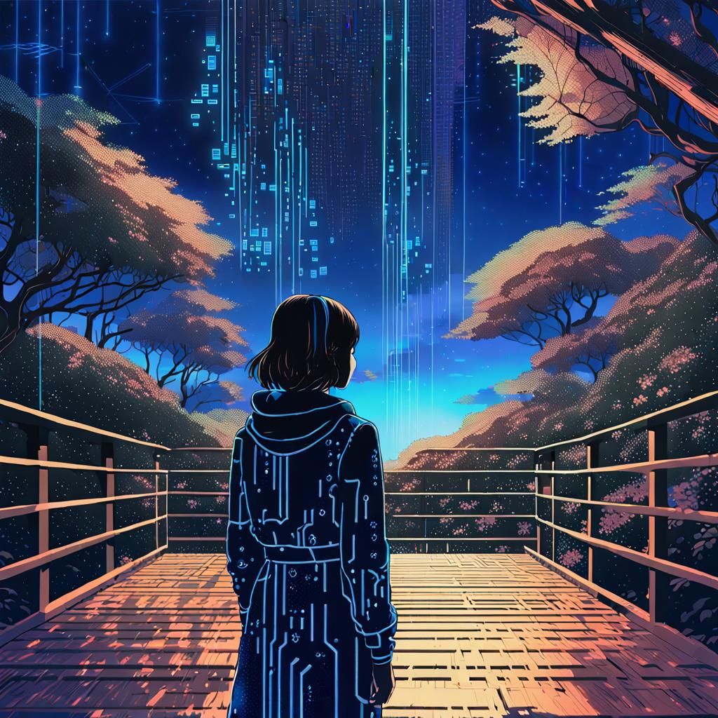 LoFi Sci-Fi Woman Gazing at Coded Sky