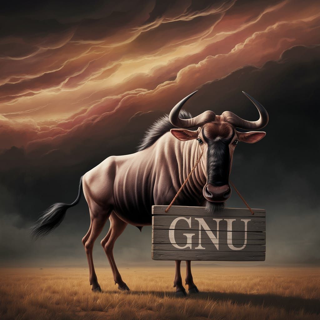 Wildebeest Carries 'GNU' Sign Under Stormy Sky