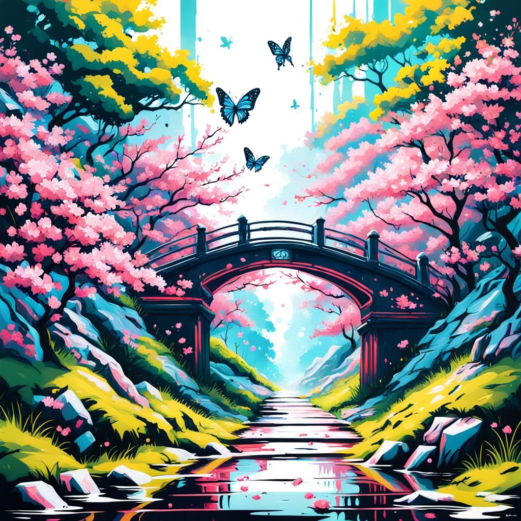 Cherry Blossom Forest Bridge in Graffiti Art Style