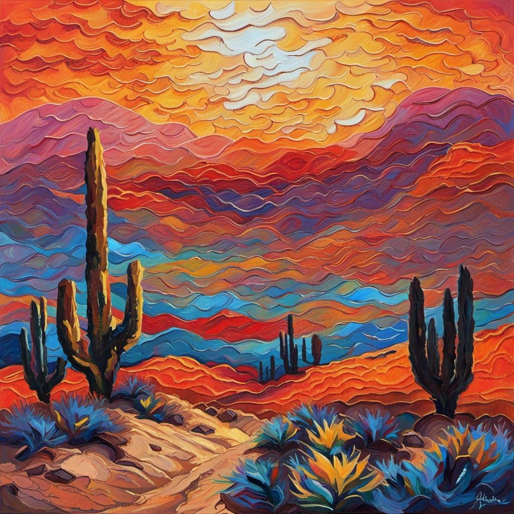Desert Sunset in Expressionist Impasto Style