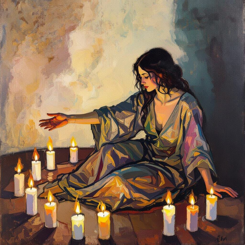 Ethereal Figure in Candlelight: Expressive Abstract Painting