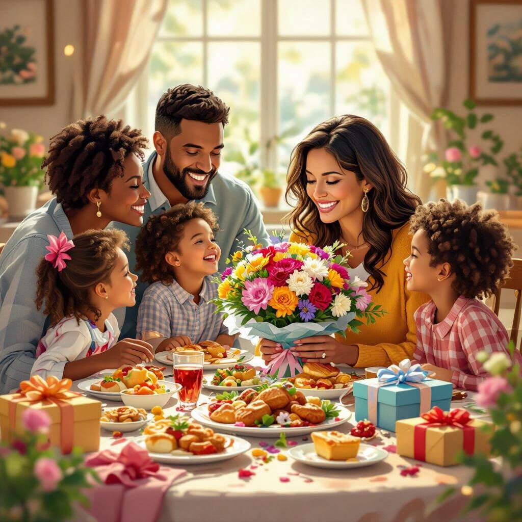 Joyful Mother's Day Family Celebration with Gifts and Food