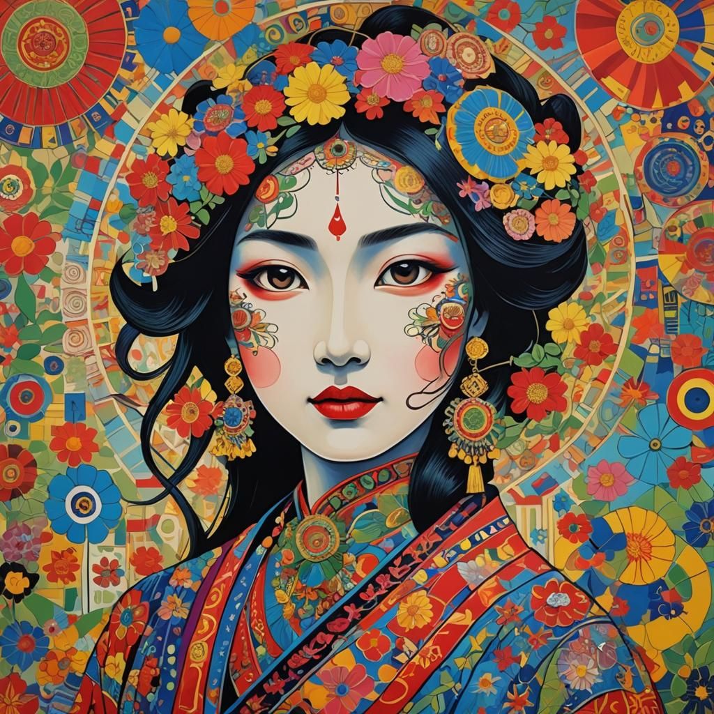 Oriental Folk Art Fusion in Alphonse Mucha Style
