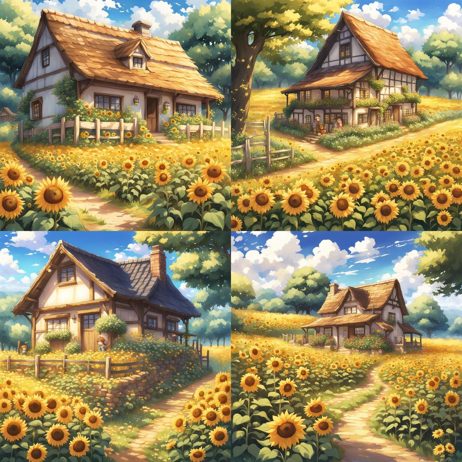 Country Cottage in Sunflower Field: Anime Style