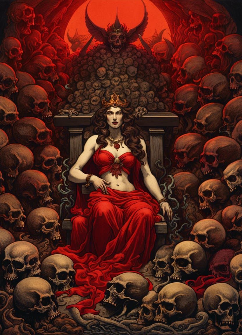 Red Demon Queen on Skull Throne in Hell