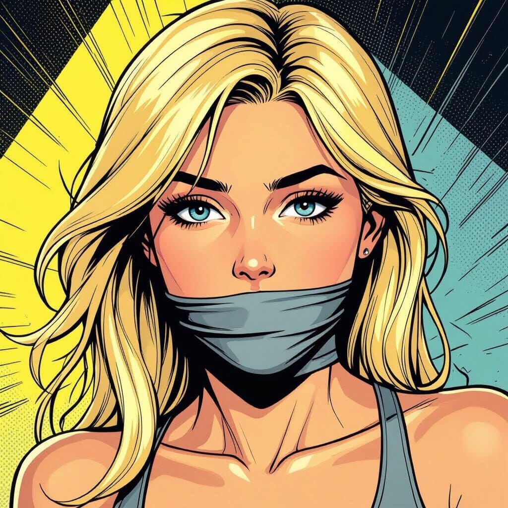 Determined Blonde Woman Gagged in Comic Style