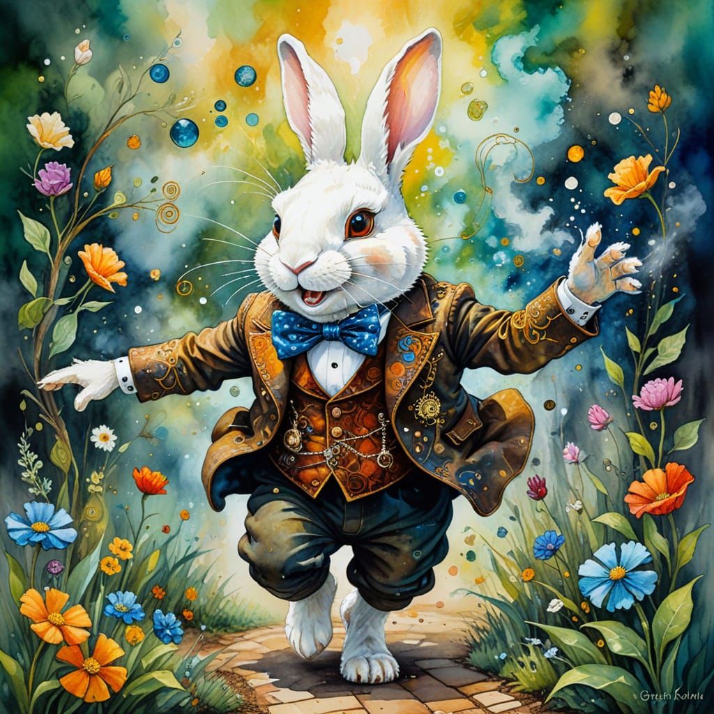 Steampunk Bunny Chase in Neo-Impressionist Style