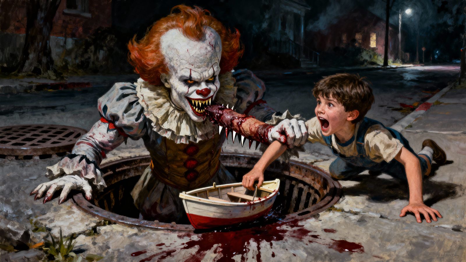 Horror Oil Painting of Pennywise Attacking Georgie