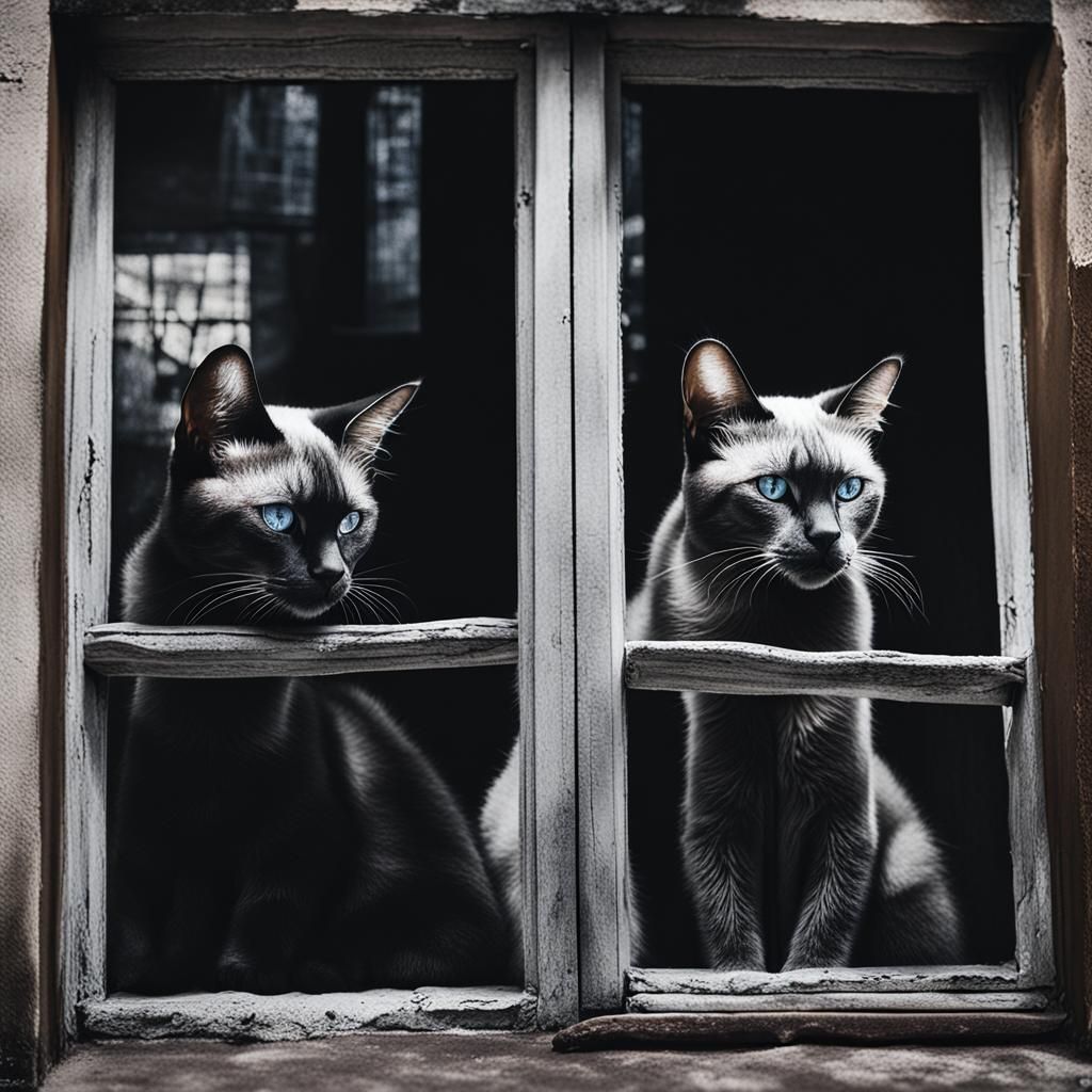Siamese Cats Mural in Backlit Bookstore Portrait