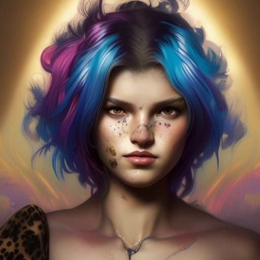 Rainbow Haired Warrior Girl Portrait
