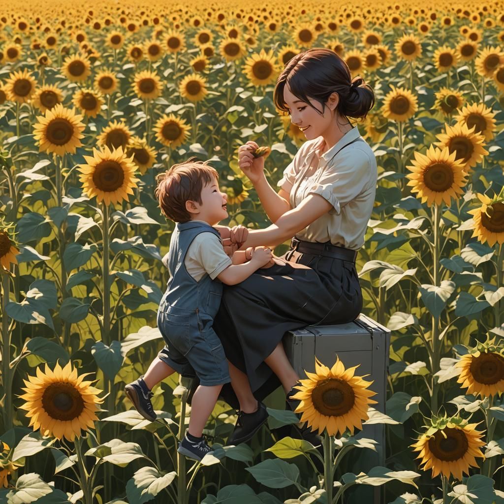 Mother and Toddler in Sunflower Field: Anime Art