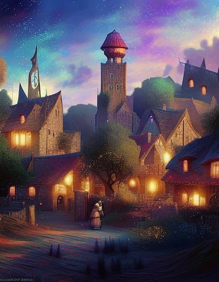 Medieval Village Under Stars in Pointillism Style