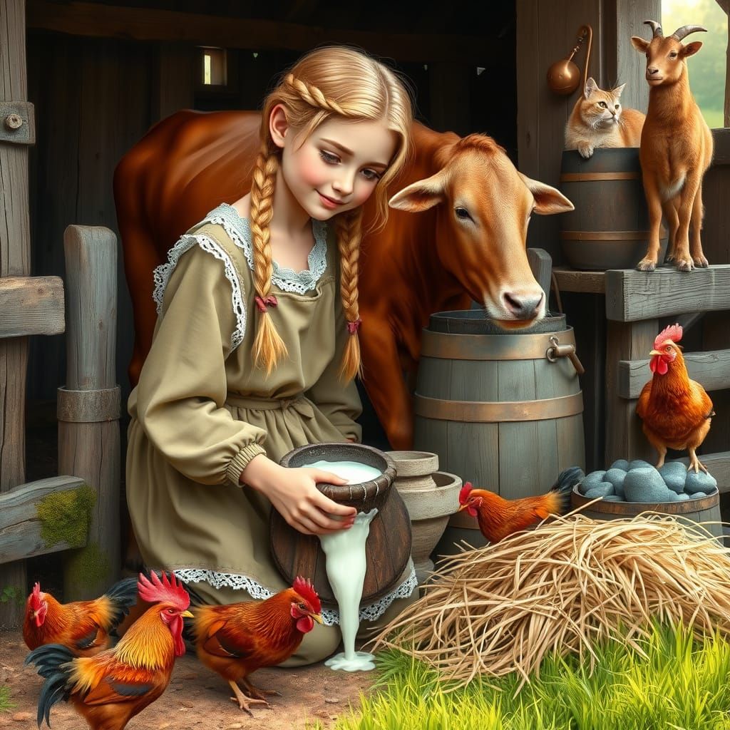 Rustic Farm Girl Milks Gentle Cow in Serene Countryside Scen...