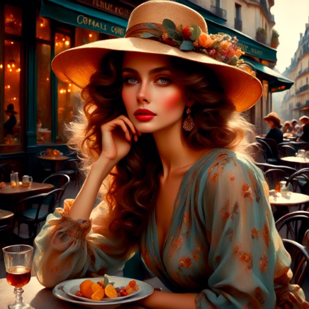 Elegant 20th Century Woman in Paris Cafe