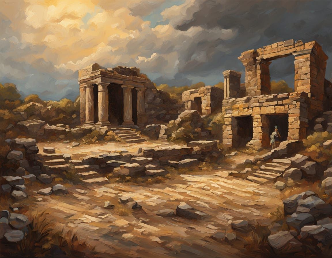 Impasto Oil Painting of Ancient Ruins at Archaeological Dig