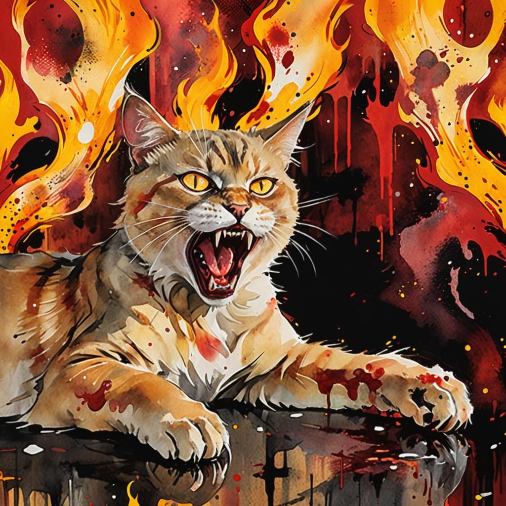 Fierce Blonde Cat with Demons in Turner-Van Gogh Style