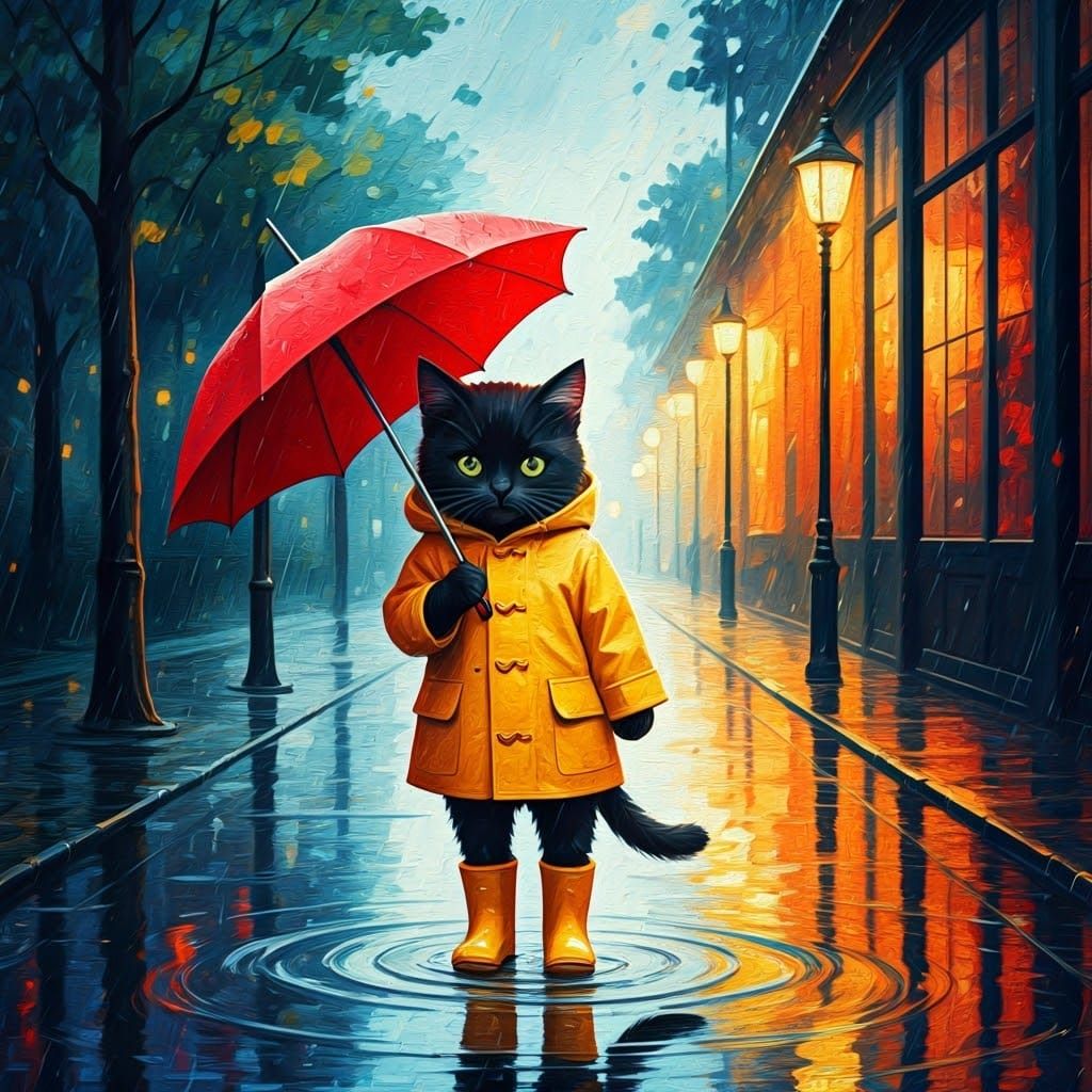 Whimsical Black Cat in Yellow Rain Gear with Red Umbrella Na...