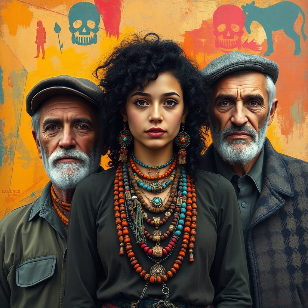 Three Figures in Folk-Art Style